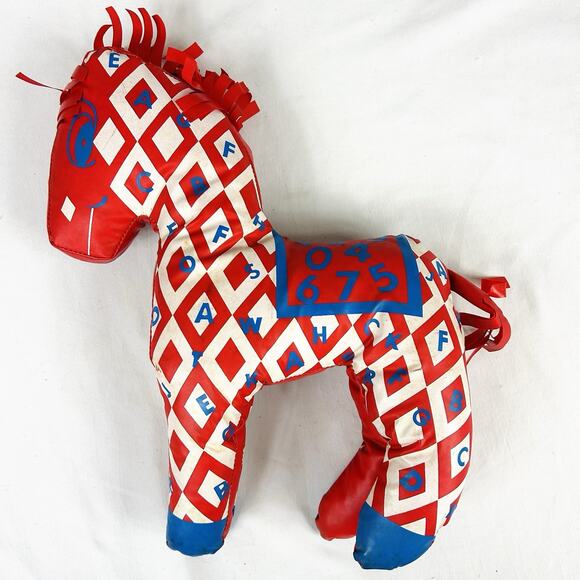 Vintage Vinyl Oil Cloth Stuffed Plush Horse Pony Red Blue Alphabet Numbers 13” - Picture 7 of 8